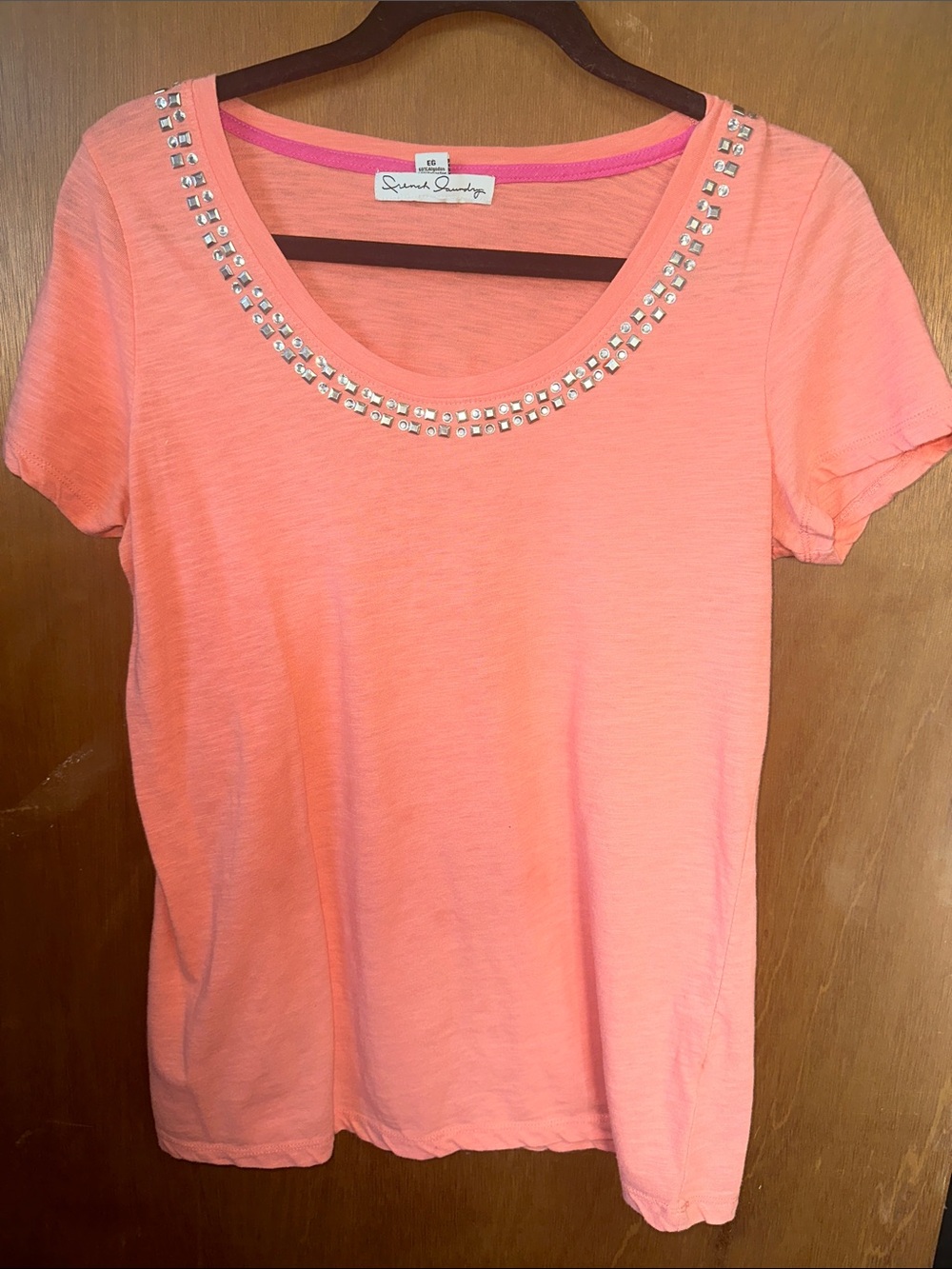 French Connection Coral Pink Short Sleeve Tee with Embellished Scoop Neck